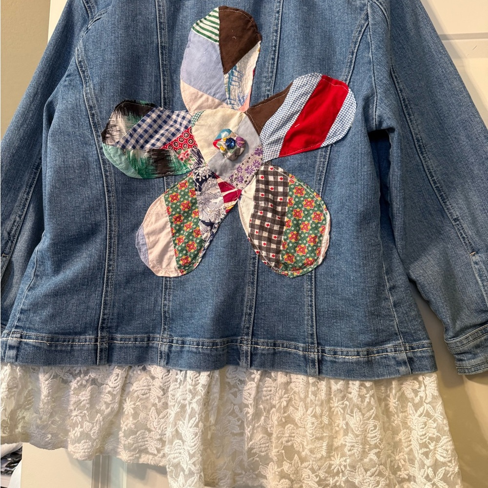 Denim Jacket with Patchwork Flower and Lace Hem